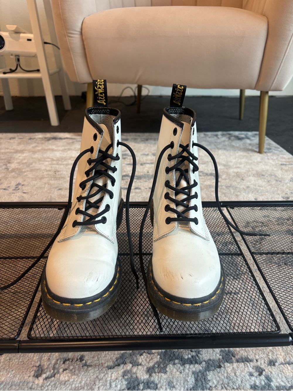 Dr. Martens White Leather Lace-Up Combat Boots with Black Laces